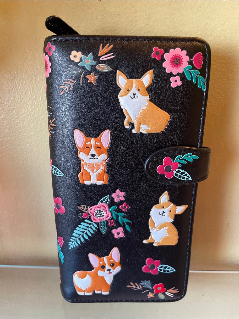 Corgi Pattern Black Wallet - Cute Orange Dog Print